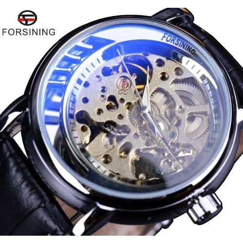 2016 Forsining Luxury Blue Glass Black Genuine Leather Strap Half Skeleton Design Silver Case Men Watches Top Brand Luxury Watch