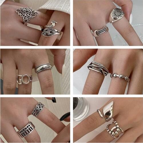 6 Styles Open Finger Rings Set For Women Fashion Trendy Punk Retro Geometric Line Chunky Rings