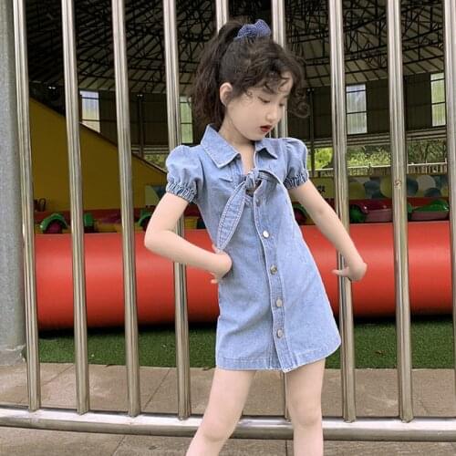 Parent-Child Wear Mother Girl Dress Slim Tie Denim Dress 2020 Summer New Baby Kids Clothing