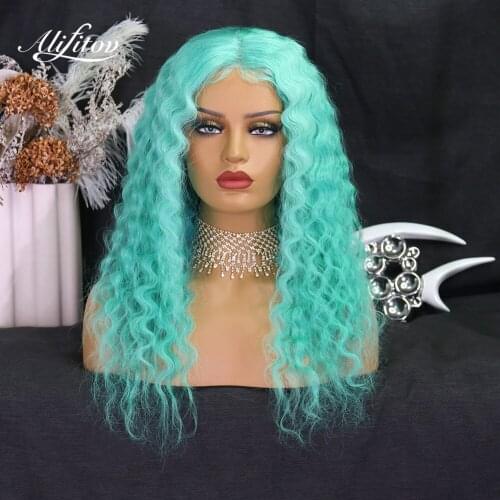 ALIFITOV Green Lace Front Wigs Kinky Curly Human Hair Wigs Brazilian Virgin Hair Pre-plucked Wigs For Women