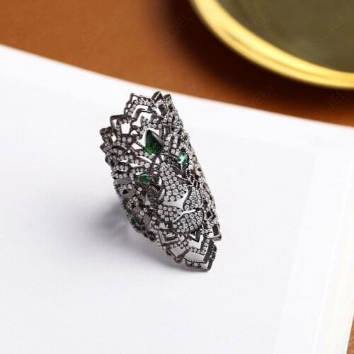 SLJELY Fashion S925 Silver Black Dark Grey Fierce Lion Ring Green Eyes CZ Zircon Stones Fine Feroce Collection Women Jewelry