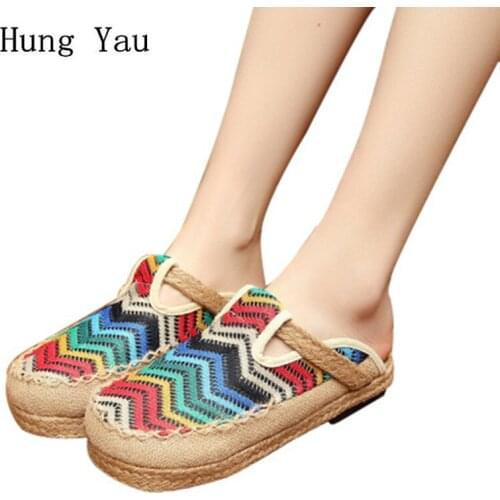 Women Shoes Slippers Colorful National Style Hemp Weave Spring Summer Round Toe Flip Flop Flat Platform Fashion Creative Loafer