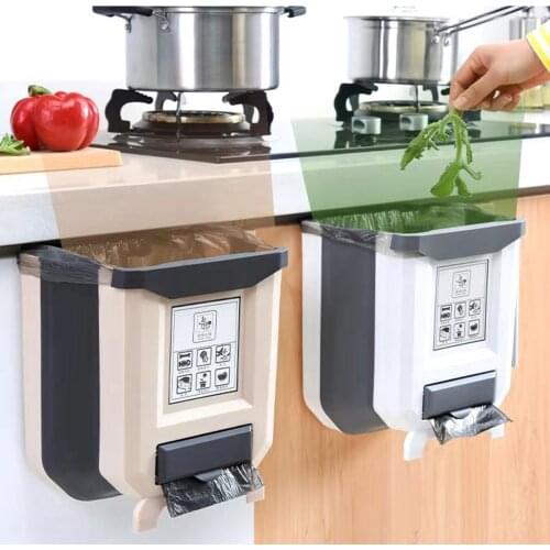 Folding Trash Can Kitchen Cabinet Door Hanging Garbage Can Foldable Waste Bin Rubbish Container Box