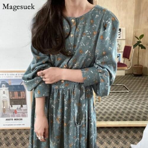 Vintage Floral Print Spring Dress 2021 Loose Casual Party Dress Women Single-breasted Lace-up Dresses Ladies Robe Femme 13437