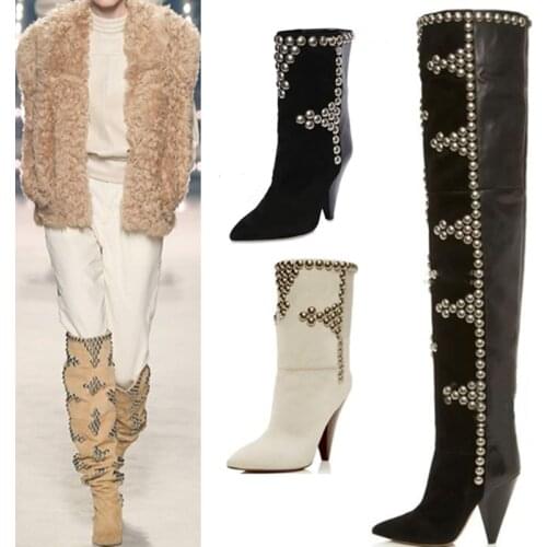 Woman Leather fashion spike chunky heel boots metal balls beading wedge heel pointed toe boots catwalk woman knight boots