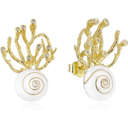 925 Silver New Fashion High Quality Zircon Branches Snail White Enamel Stud Earrings For Womens Wedding Personality Jewely
