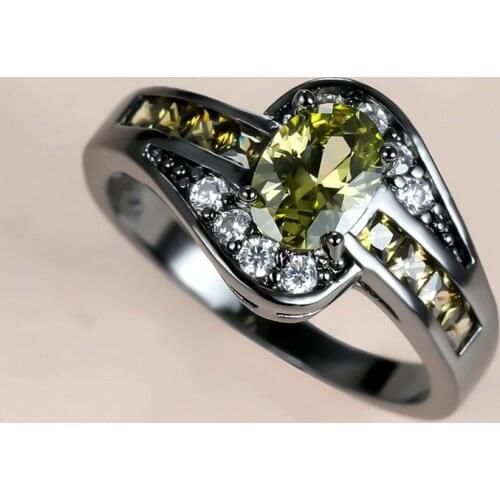 Punk Female Olive Green Crystal Rings Charm 14KT Black Gold Wedding Rings For Women Vintage Bride Oval Zircon Engagement Ring