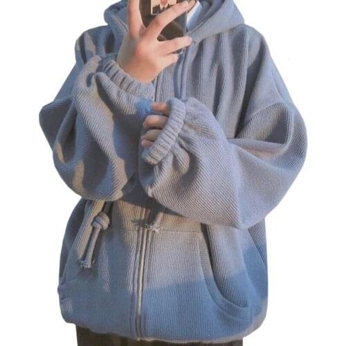 Retro Hong Kong Jacket Winter Women Hooded Zipper Warm Lady Sweatshirt Embroidery Harajuku Blue Small Bear Head Female Pullover