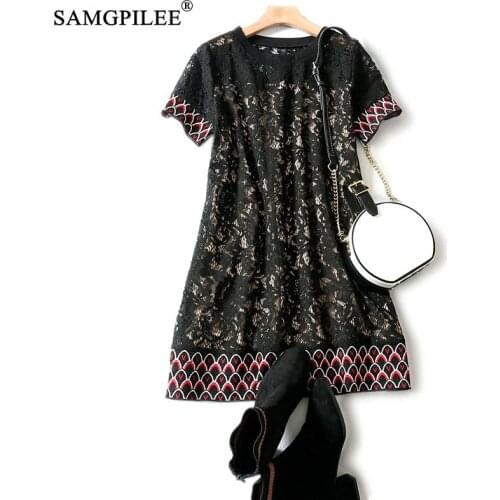 Women Dresses Summer 2020 Short Sleeve O Neck Lace Knee Length Dress Solid Party Lace Plus Size Dresses For Women 4xl 5xl 6xl