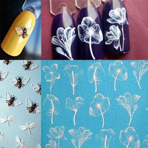 1 Sheet 3D Acrylic Water Decals Engraved Bee Lotus Nail Sticker Embossed Rose Flower Empaistic Nail Water Slide Nail Decals