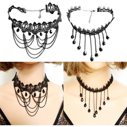 2Pcs Womens Vintage Black Lace Pendant Necklace Gothic Tattoo Choker Beads Necklace Tassels Chain Wedding Choker Necklace