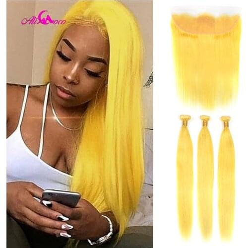 Ali Coco Yellow Brazilian Straight Hair 3/4 Bundles With 13X4 Lace Frontal 8-30 Inch Remy Human Hair Extensions With Baby Hair