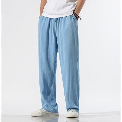 2020 Summer Straight Pants Men Linen Track Pants Male Streetwear Hip Hop Wide Leg Pants Trousers Men joggers Pantalon Homme