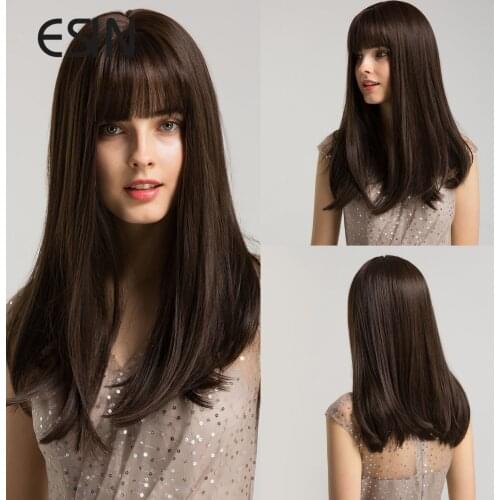 ESIN Dark Brown Medium Long Straight Wig with Bangs Daily Natural Synthetic Wigs for Women Heat Resistant Hair