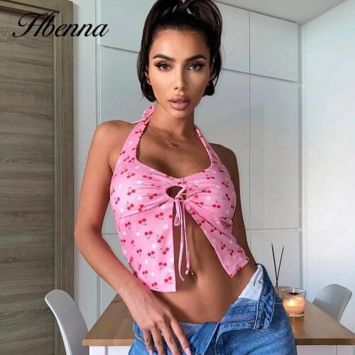 Hbenna Halter Top Women Backless Sexy Cherry Print Sexy Crop Top Women Summer 2021 Laceup V-Neck Hollow Out Split Hem Skinny Top