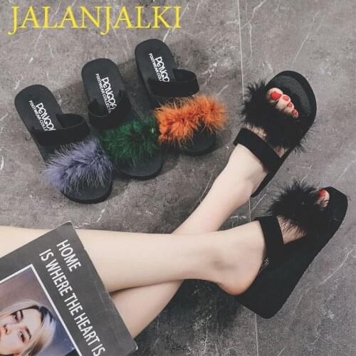 JALANJALKI Fashion Women Slippers Fur Upper Ladies Slope Heel Rubber Sole Flip-flop Non-slip Black Outdoor Sandals Light Weight