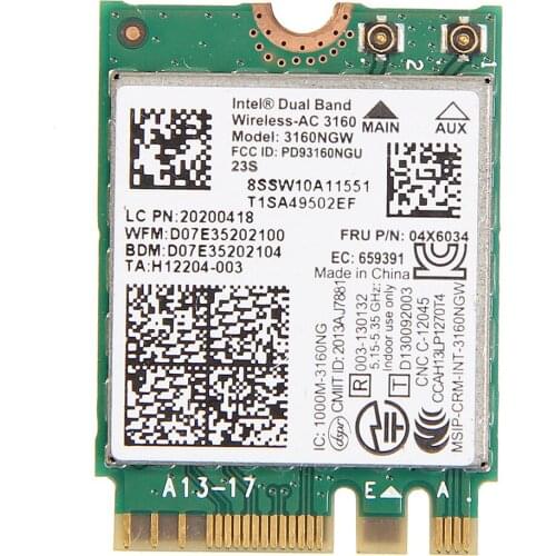 Card for Intel Dual Band Wireless-AC 3160 3160NGW 04X6034 04X6076 for lenovo thinkpad Y40 Y50 E10-30 E455 E555 2.4GHz/5GHz