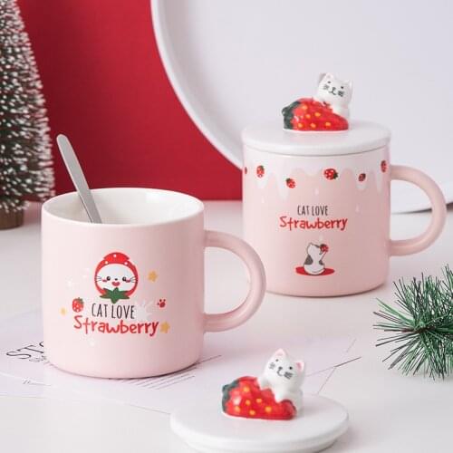Nordic Wind Lovely strawberry Cup Ins Coffee Mug Creative Water Milk Breakfast Cups Cartoon Cat Ceramic Mugs With Lid Spoon Gift