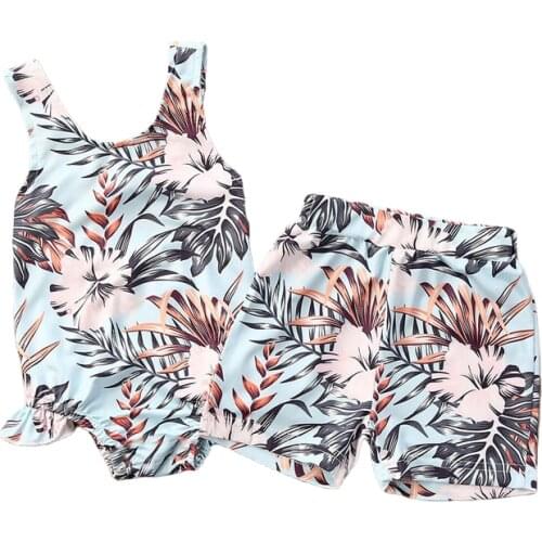 Summer Swimsuit Sister Brother Matching Bathing Suit Newborn Baby Girls Back Hollow Leaves Flowers Swimwear Tankini Boys Shorts