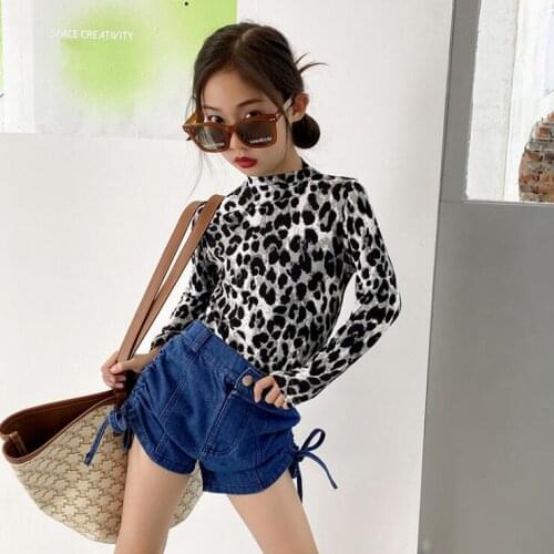 2021 hot sale girls leopard t-shirt autumn cotton fashion girls top 5-11t B582