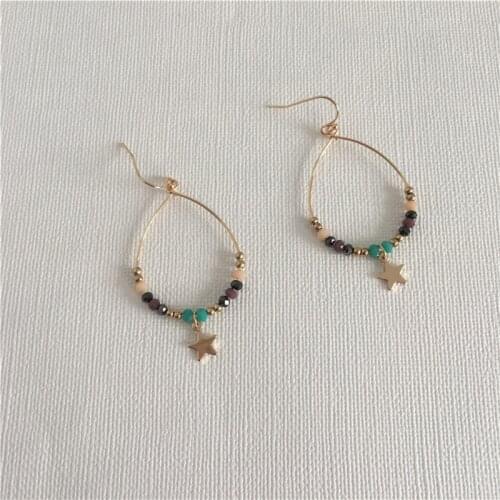 Fashion Jewelry Gold Color Plating Small Colorful Bead Strand with Star Round Disc Drop Earrings For Women Lovely Girly Jewelry