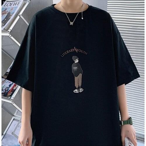 Short-sleeved mens summer cotton five-point sleeves mens printing all-match loose thin section Hong Kong style half sleeves