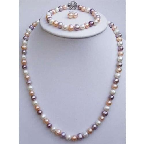 New (Minimum Order1) 7-8mm Mixed-colour Pearl Necklace Bracelets Earrings Set Beads Jewelry Making Design Natural Stone 18inch