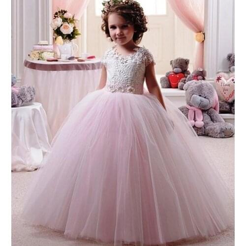 Pink Flower Girl Dresses For Weddings Ball Gown Cap Sleeves Tulle Appliques Lace Long First Communion Dresses For Little Girls