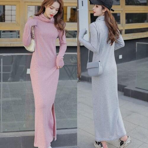 Dresses For Women 2021 Sexy TurtleneckSplit fork Knitted Bodycon Womenautumn Winter Long Sleeve Midi Sweater Dress Clothes