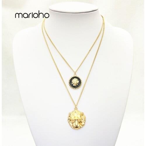 Retro Multilayer Alloy Animal Lion Head Pendant Necklace For Women Gold Color Geometric Sweater Chain Simple Charm Jewelry Gift
