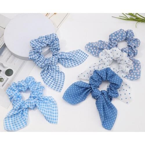 Polka Dot Plaid Daisy Print Hairband For Hair Women Blue Series Scrunchie Stretchy Hair Ties Ponytail Holder Hair Rope Hair Band
