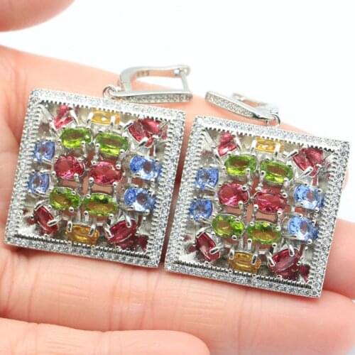 57x29mm Multi Color Cross Shape Created Peridot Tourmaline Violet Tanzanite Aquamarine CZ European Style Gift Silver Earrings