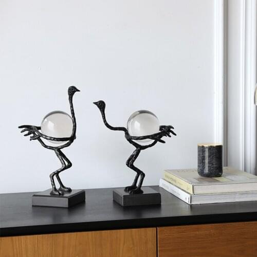 Nordic Black Metal Ostrich Statue Crystal Ball Sculpture Marble Craft Home Living Room Office Decor Animal Statue Adornment Gift