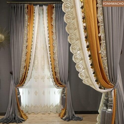 Custom curtain luxury American villa living room thick velvet grey gold embroidery cloth panle drape blackout curtain tulle C620