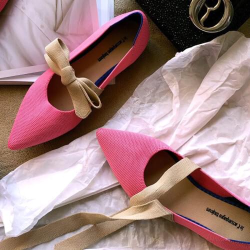 2020 Womens Flat Shoes Ballet Shoes Breathable Knit Zapatos De Pointed Moccasin Mixed Color Womens Soft Shoes Women Bowknot