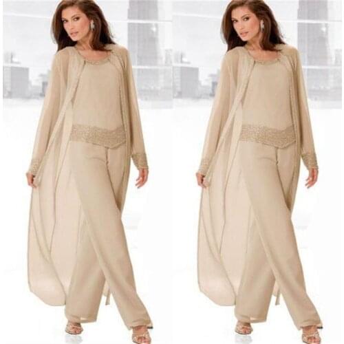 Champagne Mother Of Bride Pant Suits Jewel Neck Cheap Beading Wedding Guest Dress With Long Sleeves Jacket Chiffon Mothers Dress