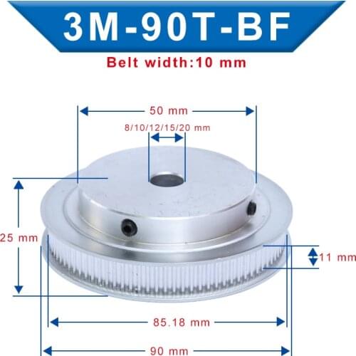 Timing Pulley 3M-90T BF Shape Bore Size 8/10/12/15/20 mm Aluminum Material Pulley Slot Width 11mm For Width 10mm 3M-Timing Belt