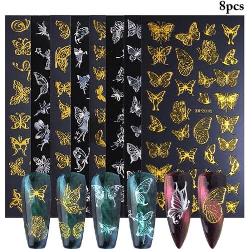 8 Sheet Kapmore 3D Butterfly Nail Sticker Sticky Butterfly Nail Decal Bronzing Nail Sticker DIY Golden Nail Transfer Decals