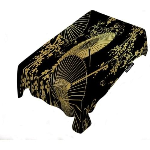 Japanese Seamless Pattern Vintage Style Gold Black Fan Flower Tablecloth Cover for Outdoor Indoor Use