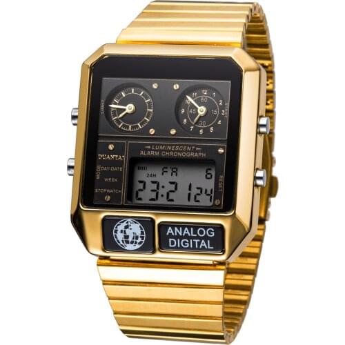 Duantai Steel Belt Multifunctional Double Movement Mens Watch Electronic Watch Sports Watch Waterproof Luminous Quartz Watch