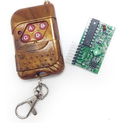Four-way wireless remote control kit. Non-locking receiver board. Four-button wireless remote control transmitter module