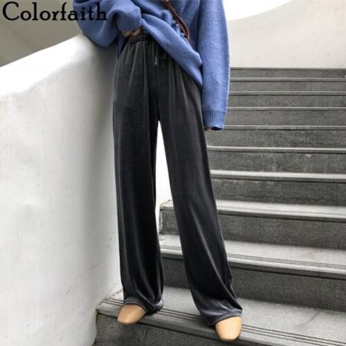 Colorfaith New 2021 Womens Spring Summer Women Pants Wide Leg High Elastic Waist Lady Wild Velvet Ankle-Length Trousers P3493