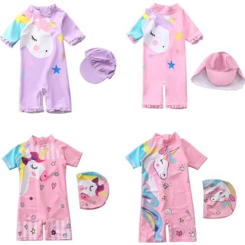 1~7Y Toddler Baby Girls Swimming suit Long sleeves Girls Rash Guards Ins Unicorn Children swimwear Beach wear with Cap-SW441