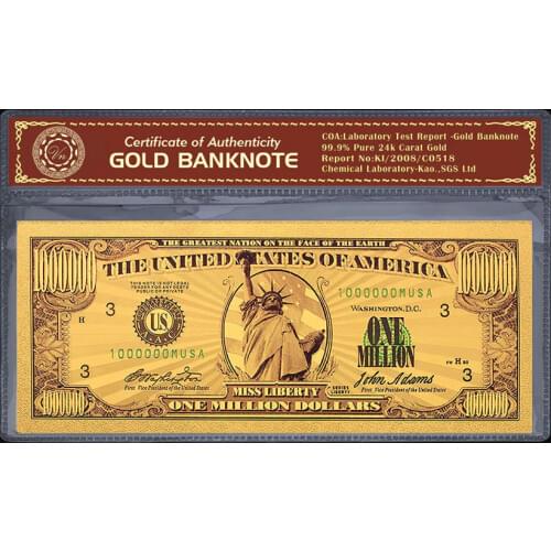 Home Ornaments Gold paper money USD one million Banknotes Gold Foil Currency Banknote USD Money Gold Foil Us Banknote