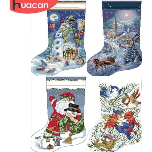 HUACAN Cross Stitch Embroidery Christmas Socks Sets White Canvas Needlework Handicrafts Cross Stitch Christmas Gift 14CT 11CT