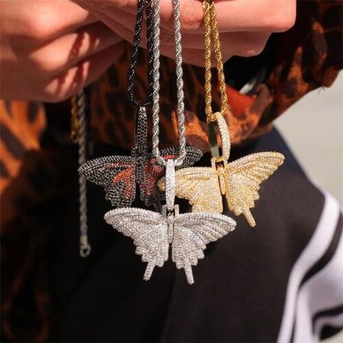 Iced Out Smaller Butterfly Pendant & Necklace For Men Women 4 Colors AAA Cubic Zircon Hip Hop Jewelry Gifts