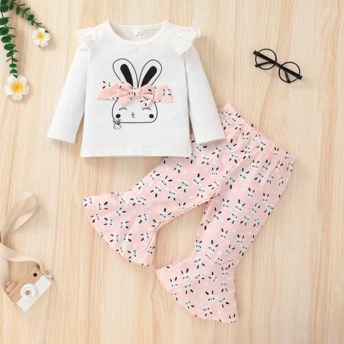 2Pcs Little Girls Outfit, Spring Autumn Sweet Style Bunny Printing Fly Long Sleeve Tops + Bell-bottomed Pants Set