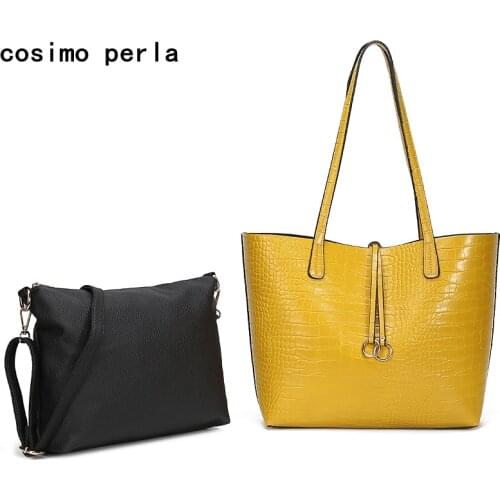 Ladies Composite Bag Set Leather Alligator Prints Women Tote Handbags Yellow Crocodile pattern OL Work Bag Female Shoulder Bag