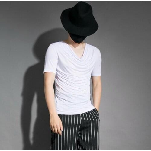 Summer thin personality singer nightclub outfit hair stylist costume Korean drape collar short-sleeved T-shirt