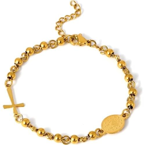 Trendy Beaded Rosary Cross Pendant Bracelet For Women Men Jewelry Stainless Steel Bangles Gold Christian Religious Jewellery
